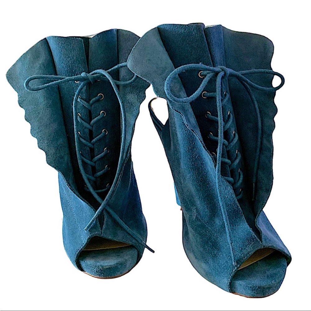 Enzo Angiolini Blue Suede Amarelle Peep Toe Lace Up Platform Heels Size 7
